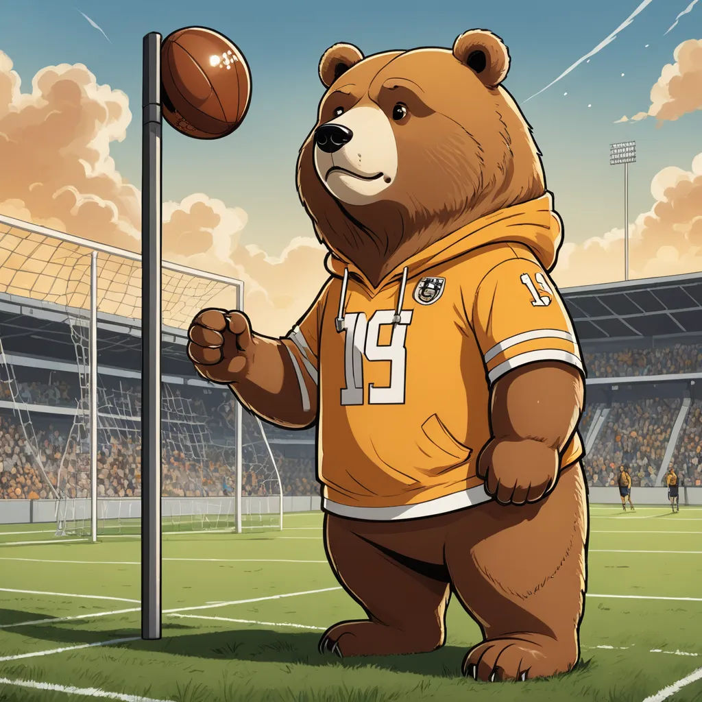 a cartoon bear is standing in front of a pole with a football on it and a stadium in the background, furry art, concept art, Chris LaBrooy, official art