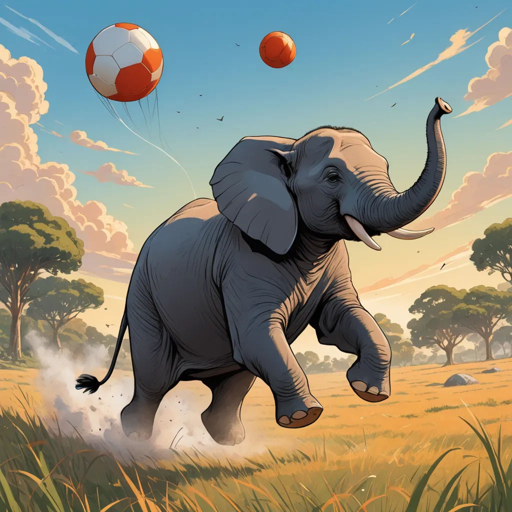 an elephant is running with a soccer ball in its trunk and it's trunk is up in the air, fantastic realism, a storybook illustration, Chris LaBrooy, 2 d game art