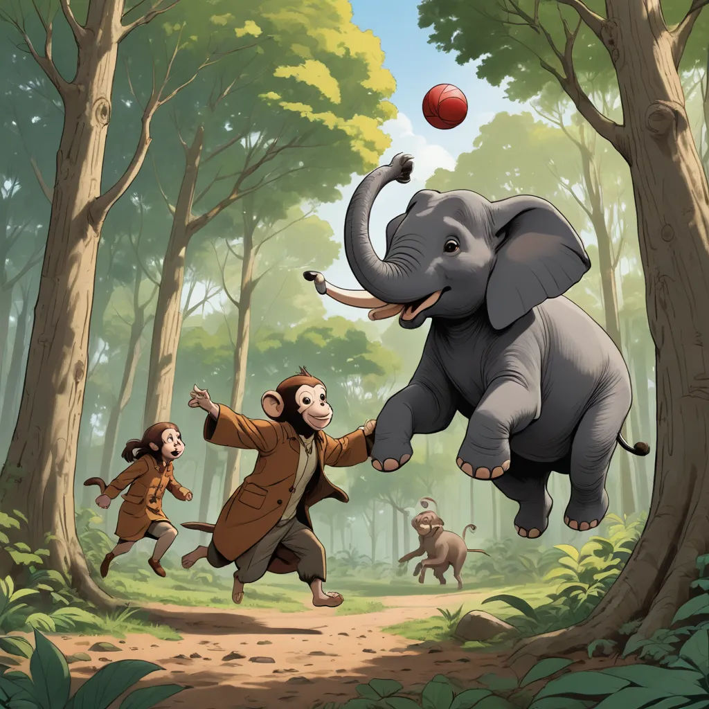 a man is chasing an elephant through the woods with a red ball in his mouth and a monkey on his back, magical realism, a storybook illustration, Chris LaBrooy, storybook illustration