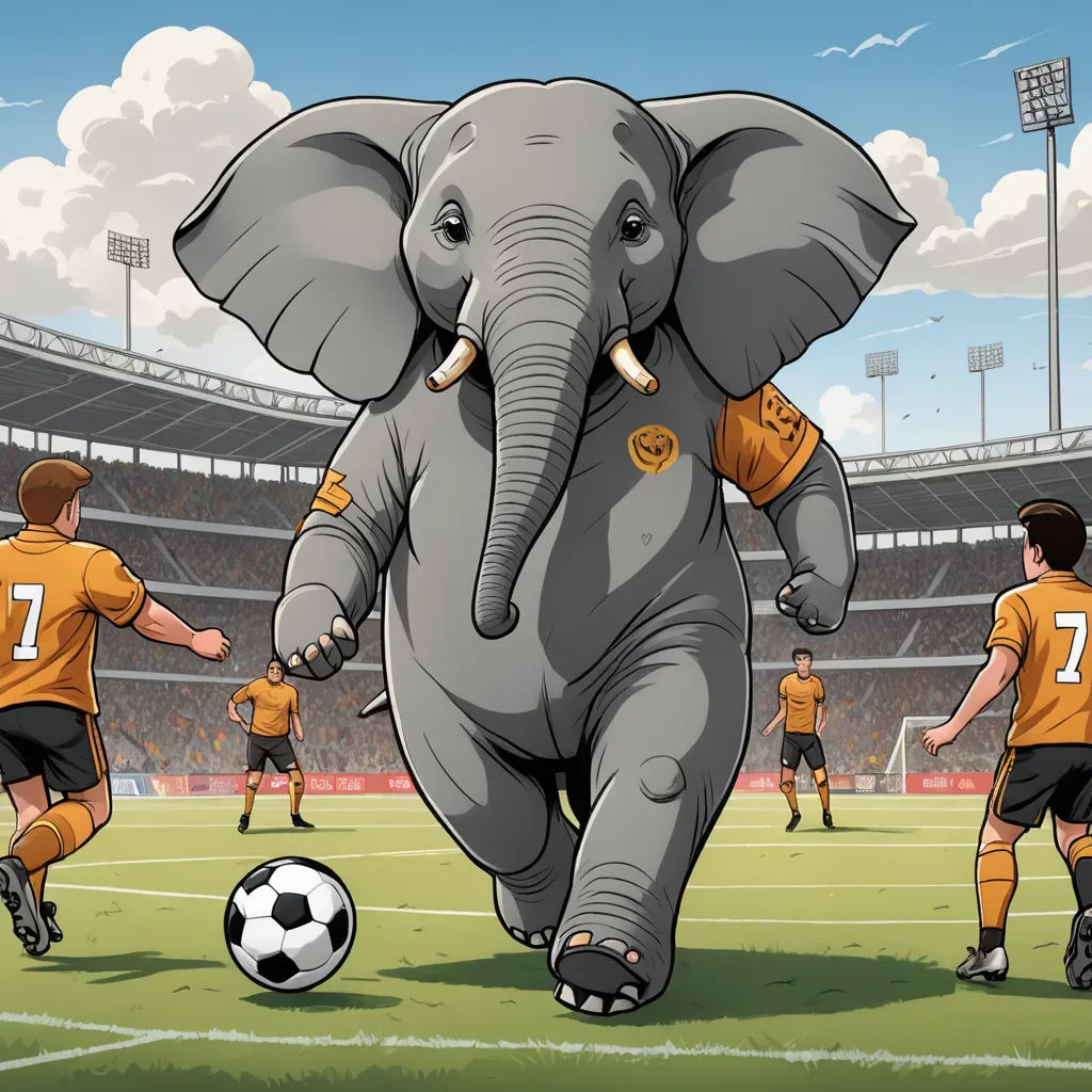 a cartoon elephant kicking a soccer ball on a field with a stadium in the background and a soccer player in the foreground, fantastic realism, a storybook illustration, Andrew Robertson, ultra realistic illustration