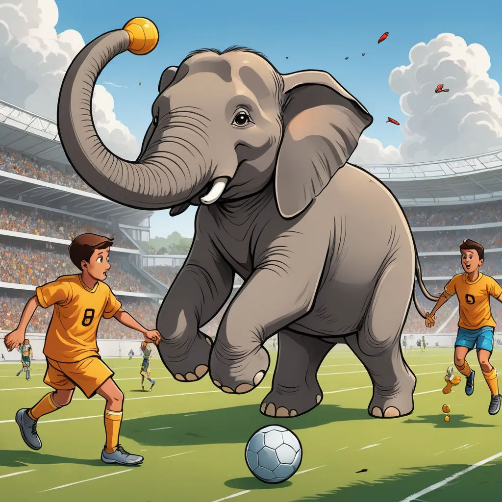a cartoon elephant kicking a soccer ball on a field with a man watching it from the sidelines of a stadium, fantastic realism, a storybook illustration, Amédée Ozenfant, high detail illustration