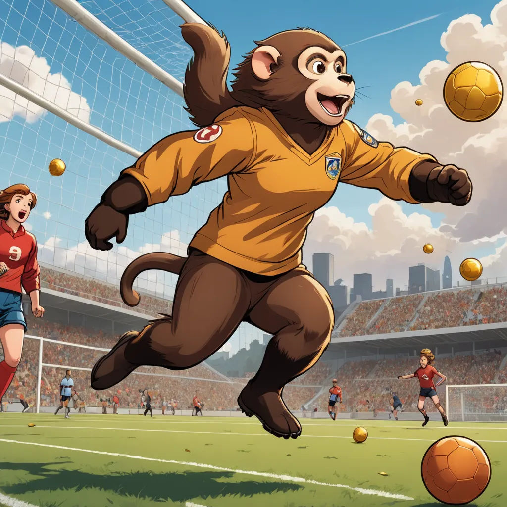 a monkey is kicking a soccer ball in a stadium with a goalie in the background and a girl in the foreground, furry art, concept art, Chris LaBrooy, official art