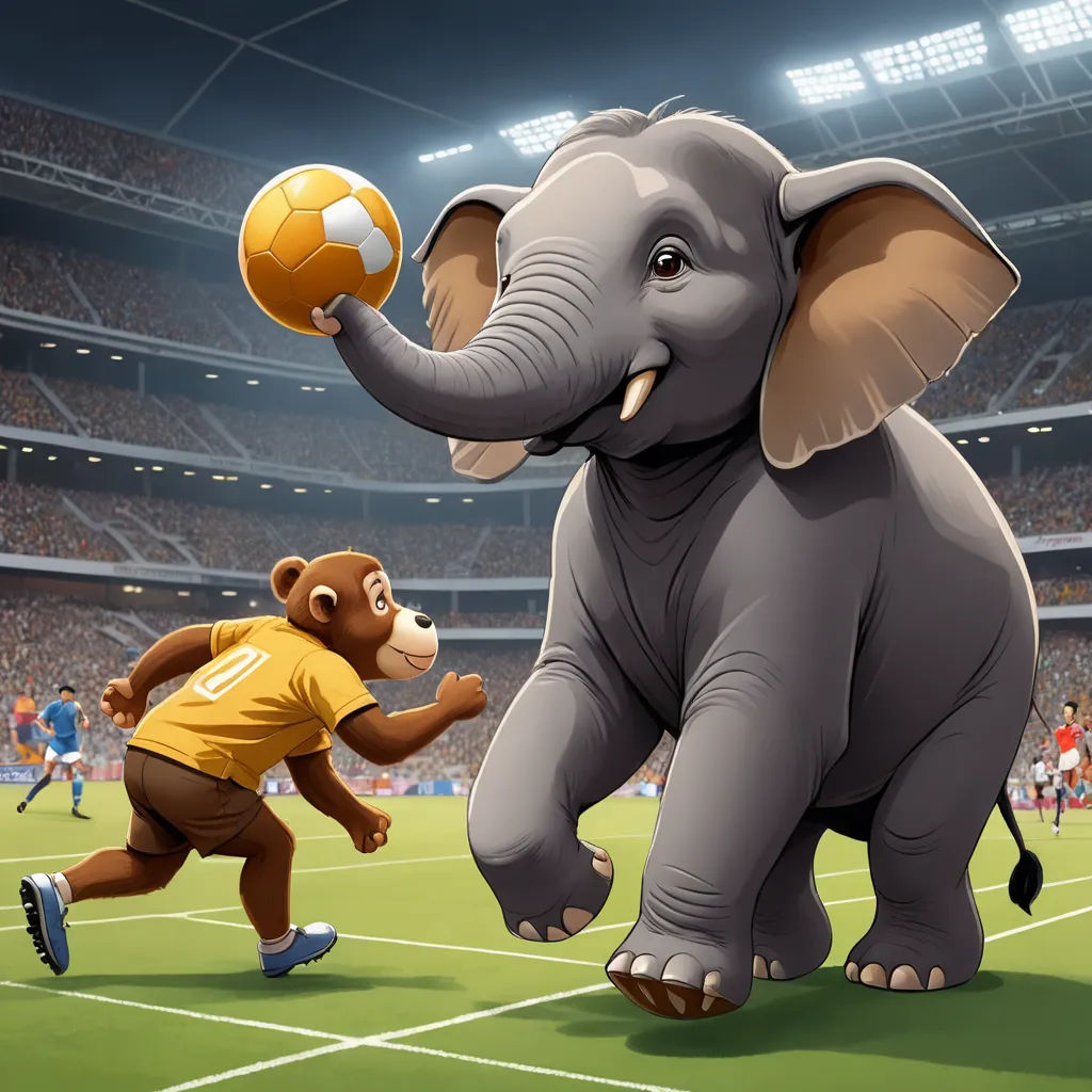a cartoon elephant and a monkey playing soccer in a stadium with a ball in its mouth and a crowd watching, fantastic realism, a storybook illustration, Amédée Ozenfant, promotional image