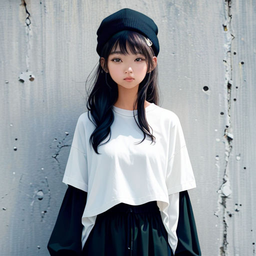 a woman standing in front of a wall wearing a hat and black pants with a white shirt on top