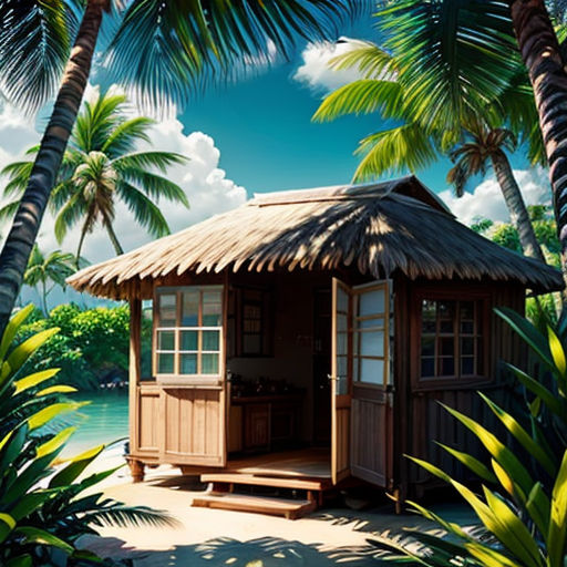 a hut in the middle of a tropical island with palm trees and a body of water in the background