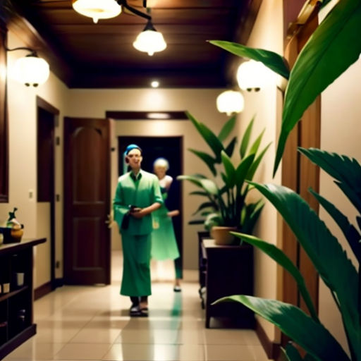 a woman in a green robe is standing in a hallway with a plant in the corner of the room