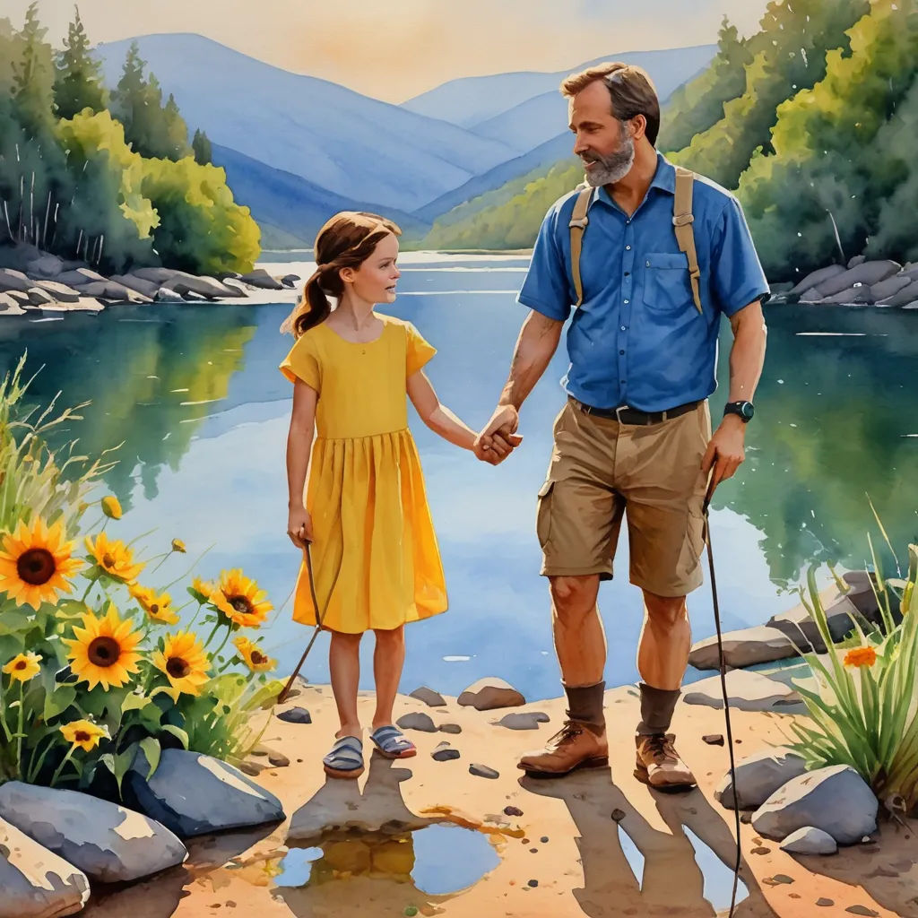a painting of a man and a little girl holding hands and walking on a path near a lake with sunflowers, american scene painting, a storybook illustration, Bob Byerley, official art