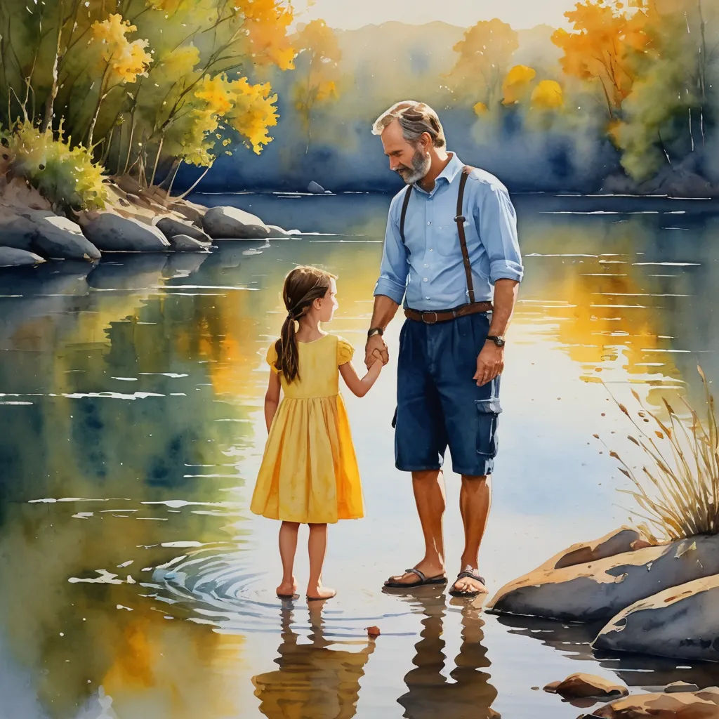 a painting of a man and a little girl holding hands in the water near a river with rocks and trees, figurative art, a watercolor painting, Cliff Childs, detailed painting