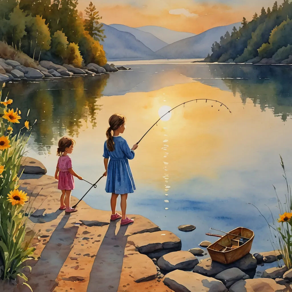 a painting of two children fishing on a lake shore at sunset with a boat in the water and a mountain range in the background, american scene painting, a fine art painting, Art Brenner, highly detailed digital painting