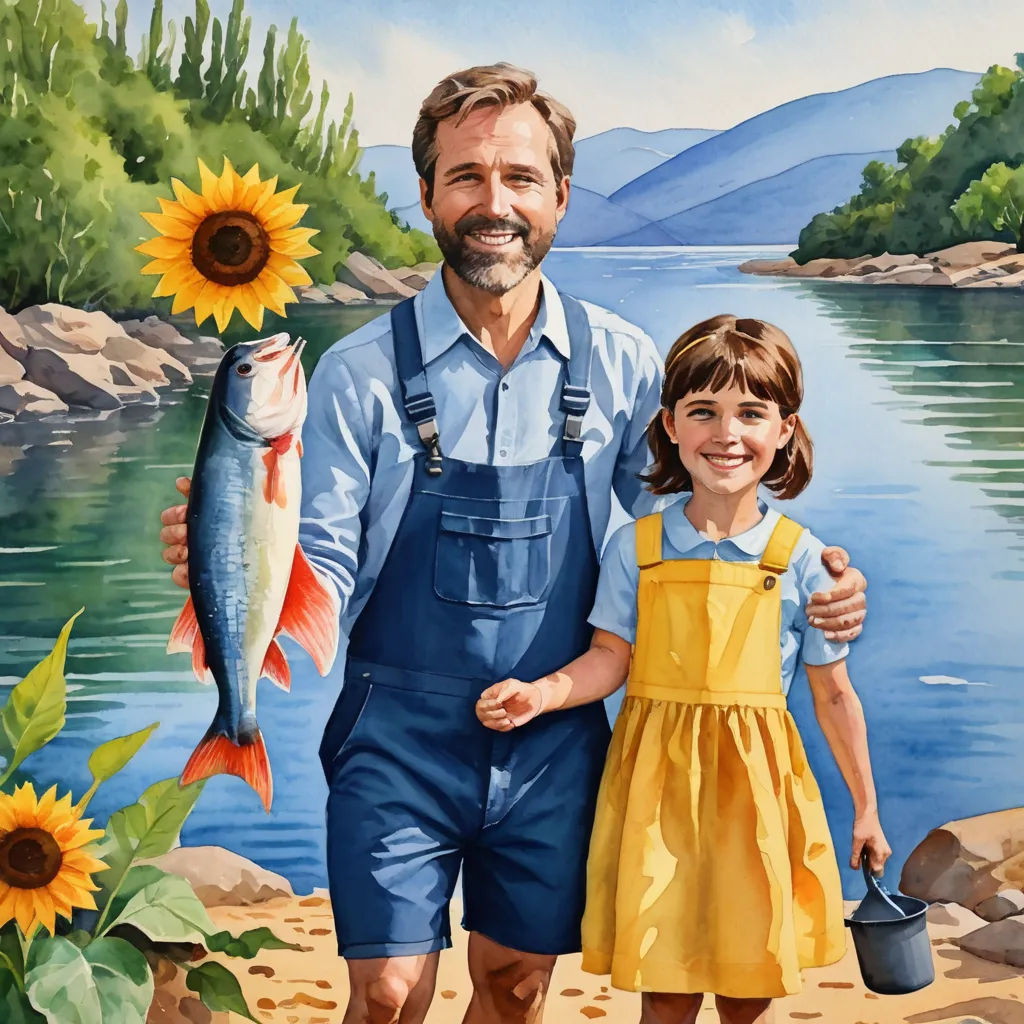 a painting of a man and a little girl holding a fish and a sunflower in front of a lake, folk art, a storybook illustration, Bob Byerley, in gouache detailed paintings