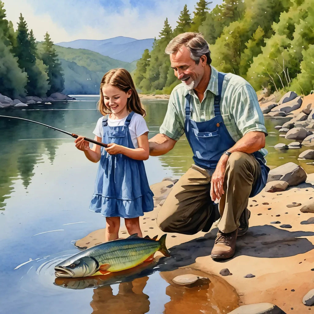 a man and a little girl fishing on a lake with a fish in their hands and a man holding a fishing rod, american scene painting, a storybook illustration, Bob Byerley, highly detailed oil painting