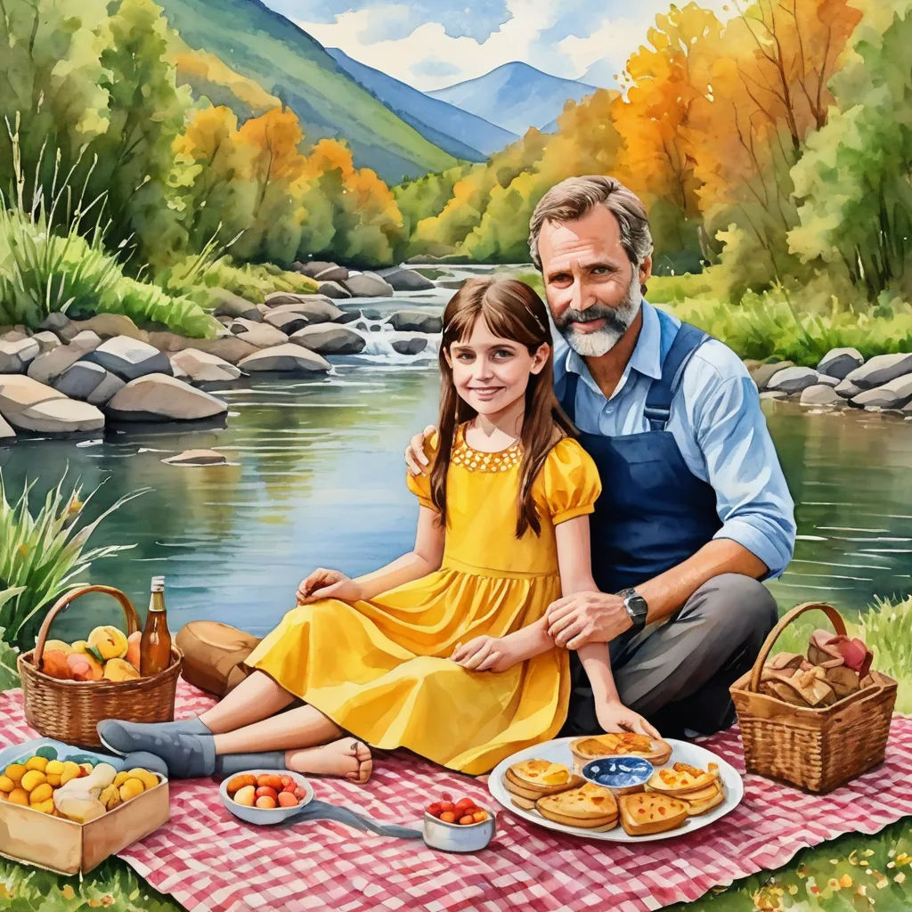 a painting of a man and a girl sitting on a blanket by a river with a picnic blanket on it, american scene painting, a storybook illustration, Bob Byerley, extremely detailed oil painting