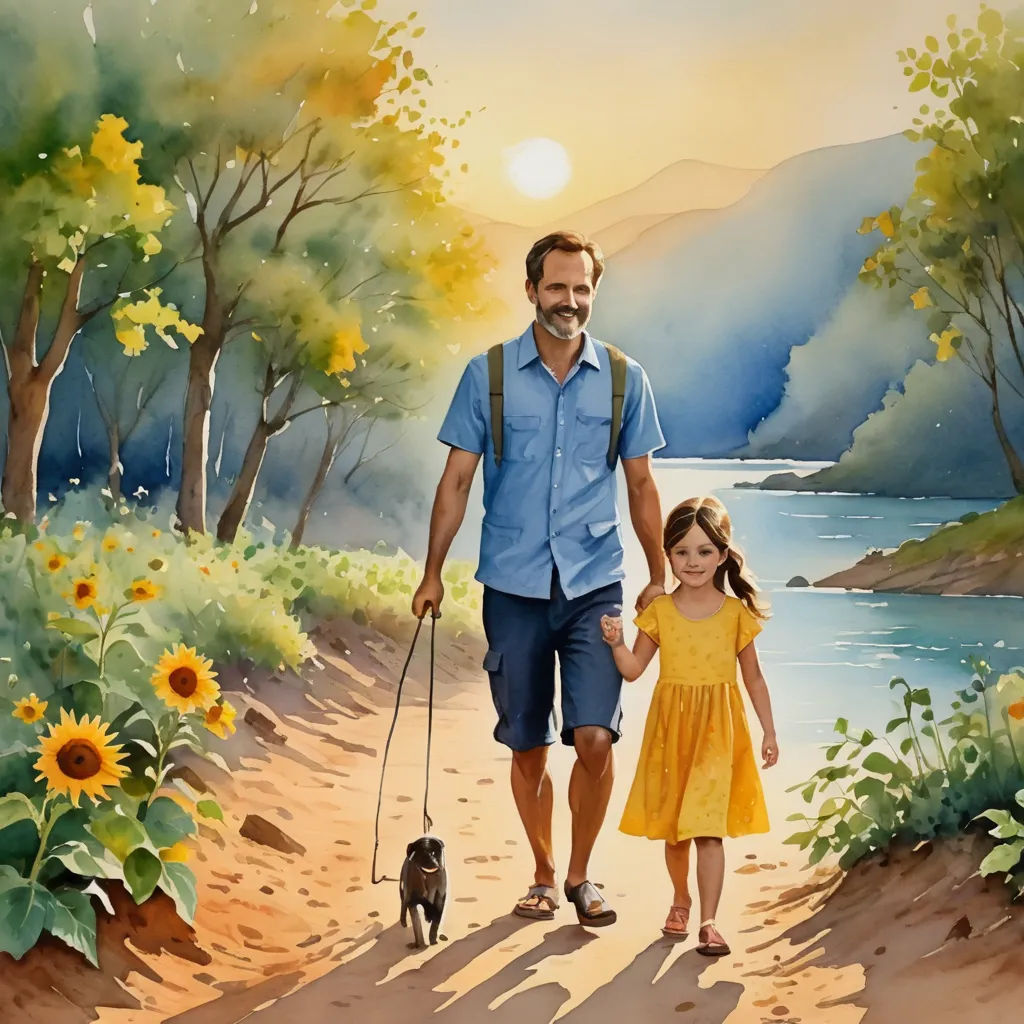 a man and a little girl walking a dog on a path near a river with sunflowers and trees, figurative art, a storybook illustration, David Park, in gouache detailed paintings