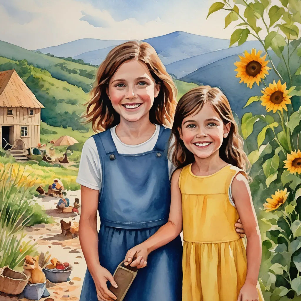 a painting of two girls standing next to each other in front of a field of sunflowers and a house, naive art, a storybook illustration, Bob Byerley, book cover