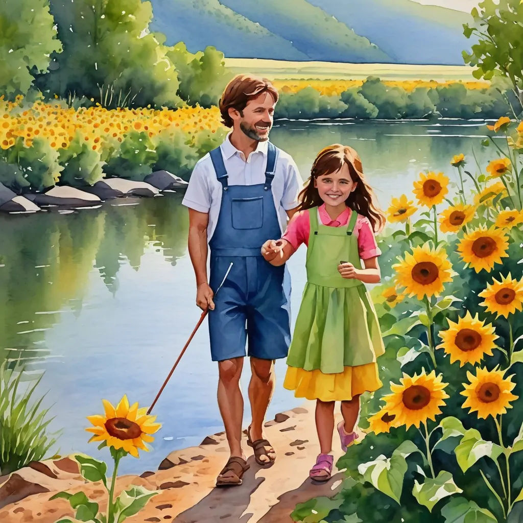 a painting of a man and a girl walking by a river with sunflowers in the foreground, figurative art, a storybook illustration, Bob Byerley, storybook illustration
