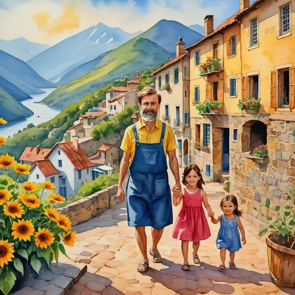 a painting of a man and two children walking down a street with a mountain view in the background and a lake in the foreground, naive art, a storybook illustration, Bob Byerley, storybook illustration