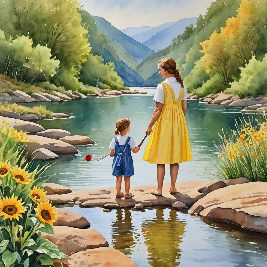 a painting of a mother and daughter holding hands while standing on a rock in a river with a mountain view, american scene painting, a storybook illustration, Brothers Hildebrandt, detailed painting