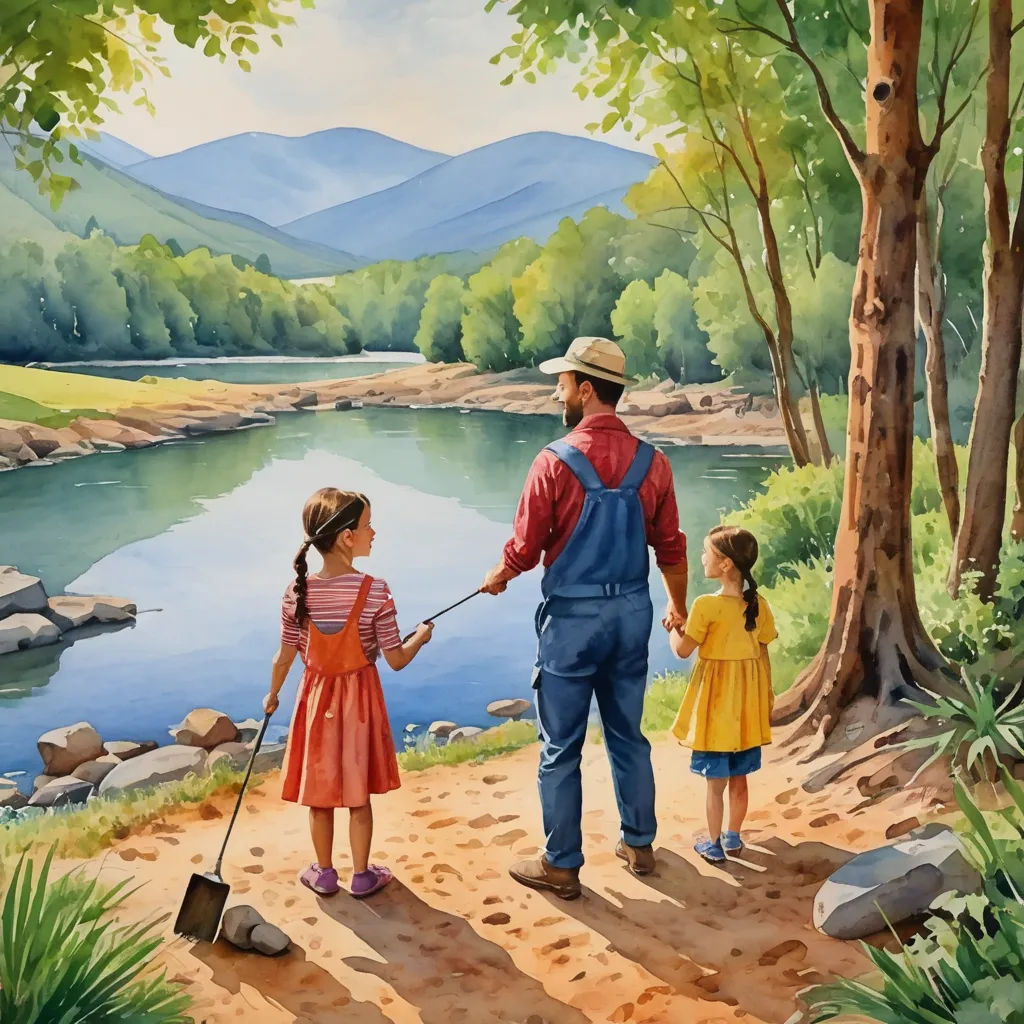 a painting of a man and two children walking along a river bank with a man holding a shovel and a girl holding a shovel, american scene painting, a storybook illustration, Bob Byerley, storybook illustration