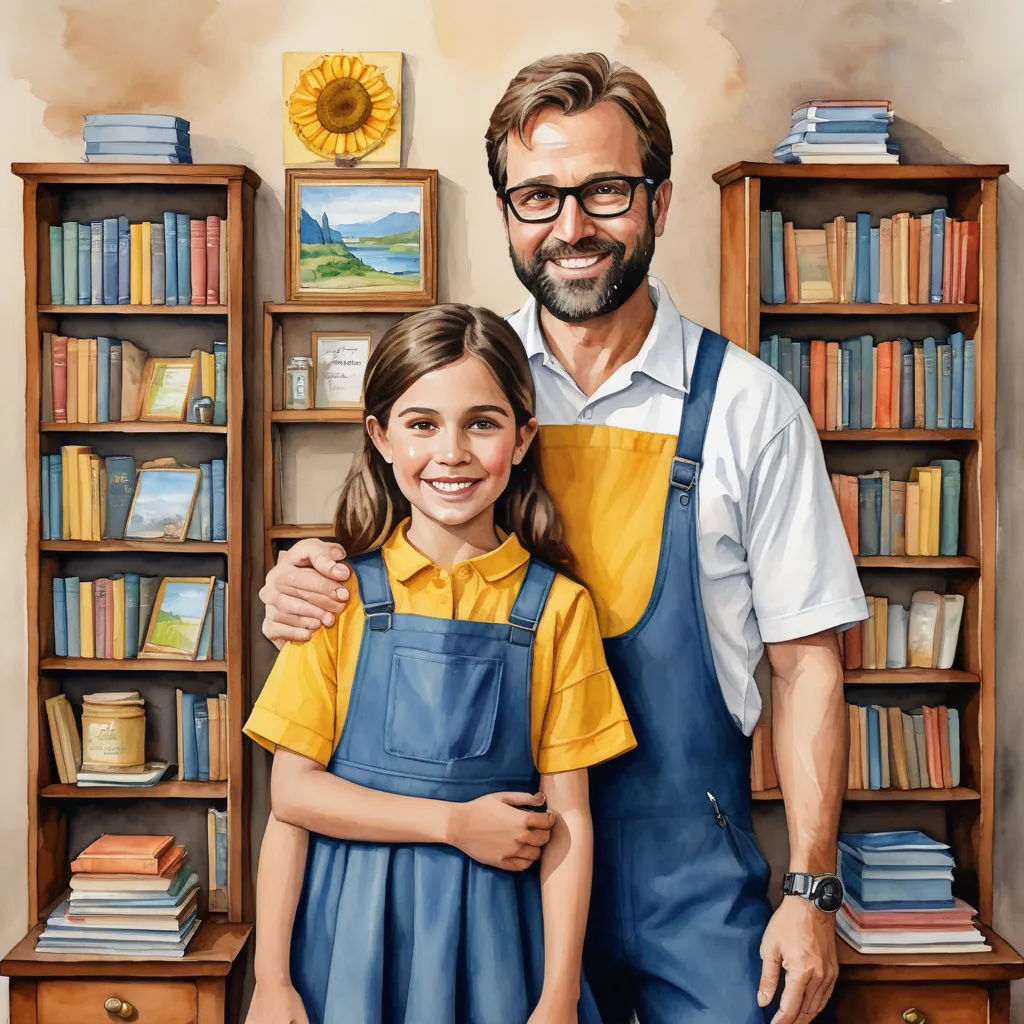 a painting of a man and a girl in front of a bookcase with books on it and a sunflower, art & language, a storybook illustration, Diego Gisbert Llorens, promotional image