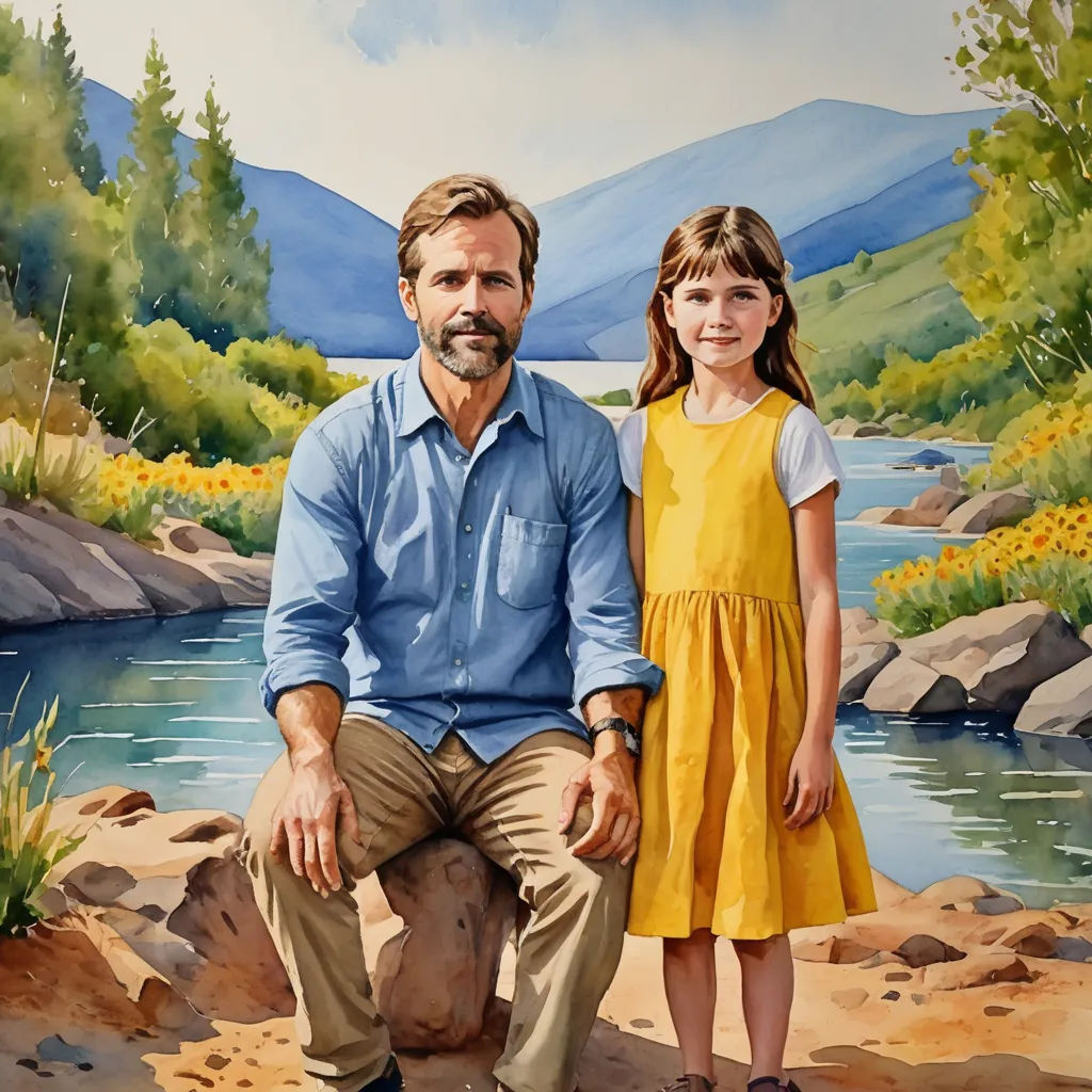 a painting of a man and a girl sitting on a rock by a river with mountains in the background, american scene painting, a painting, Eric Zener, key art
