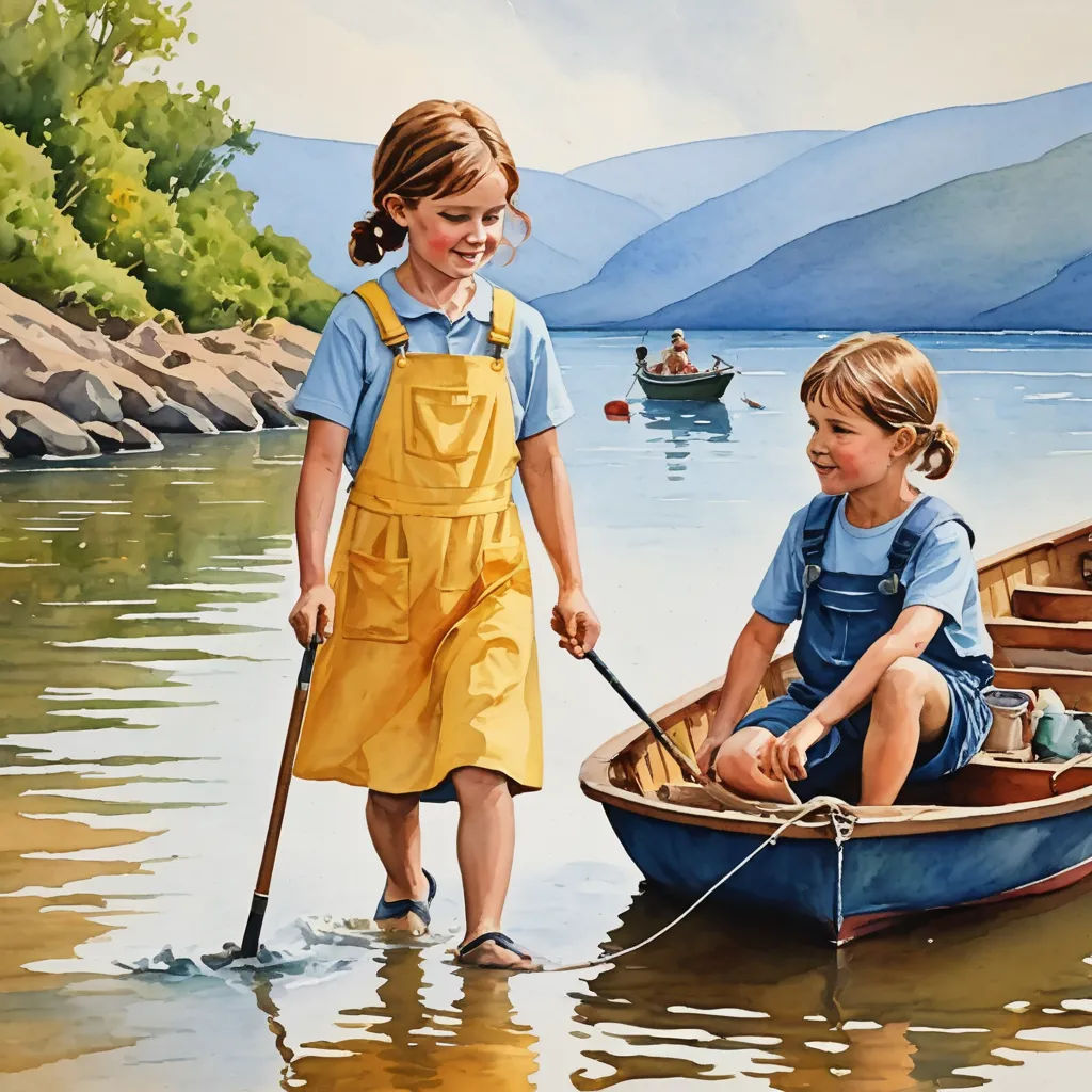 a painting of two children in a boat on a lake with a man and a woman in the background, figurative art, an ultrafine detailed painting, Caroline Lucy Scott, detailed painting