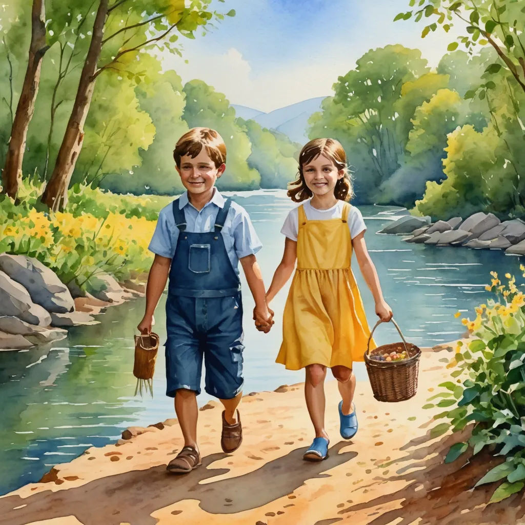 a painting of two children walking down a path holding hands and holding a basket of food in their hands, american scene painting, a storybook illustration, Brothers Hildebrandt, detailed painting