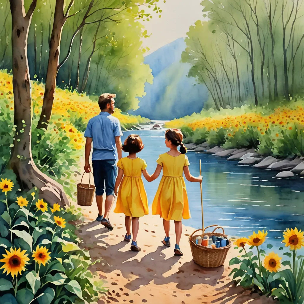 a painting of a family walking down a path by a river with sunflowers and a basket of water, naive art, a storybook illustration, Brothers Hildebrandt, nature