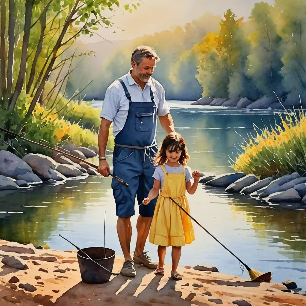 a painting of a man and a little girl fishing on a riverbank with a man holding a fishing pole, figurative art, a fine art painting, Douglas Robertson Bisset, detailed painting