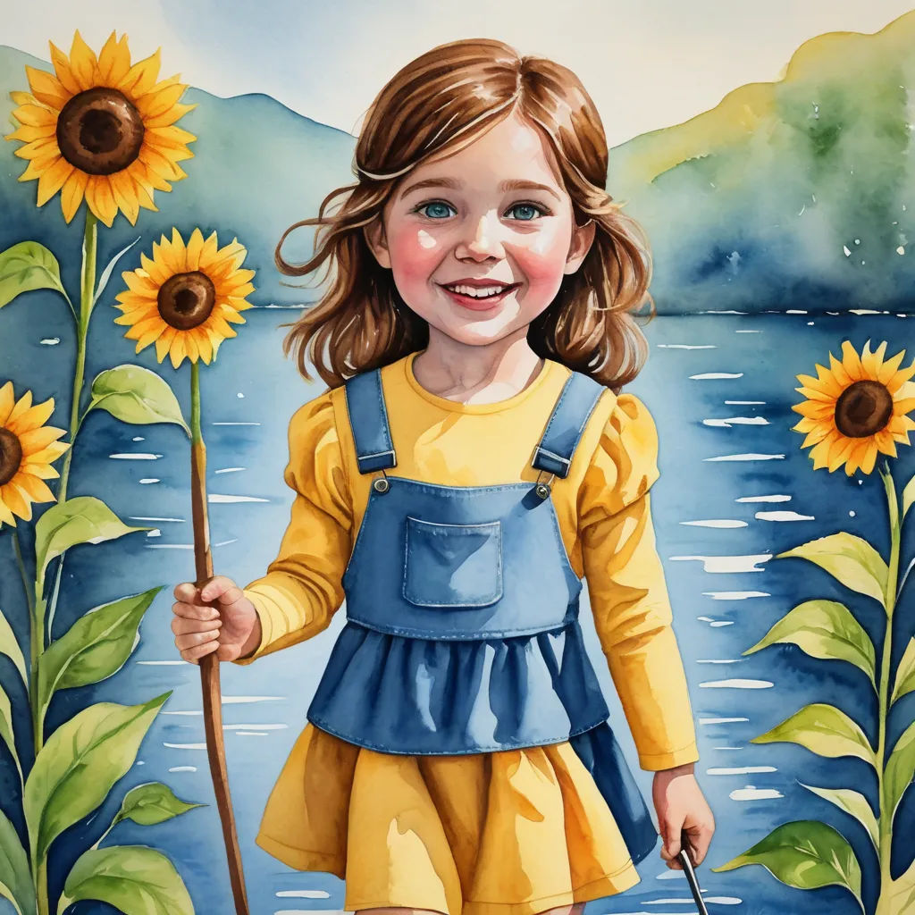 a painting of a girl holding a stick and smiling with sunflowers in the background and a lake, figurative art, an ultrafine detailed painting, Bob Byerley, in gouache detailed paintings