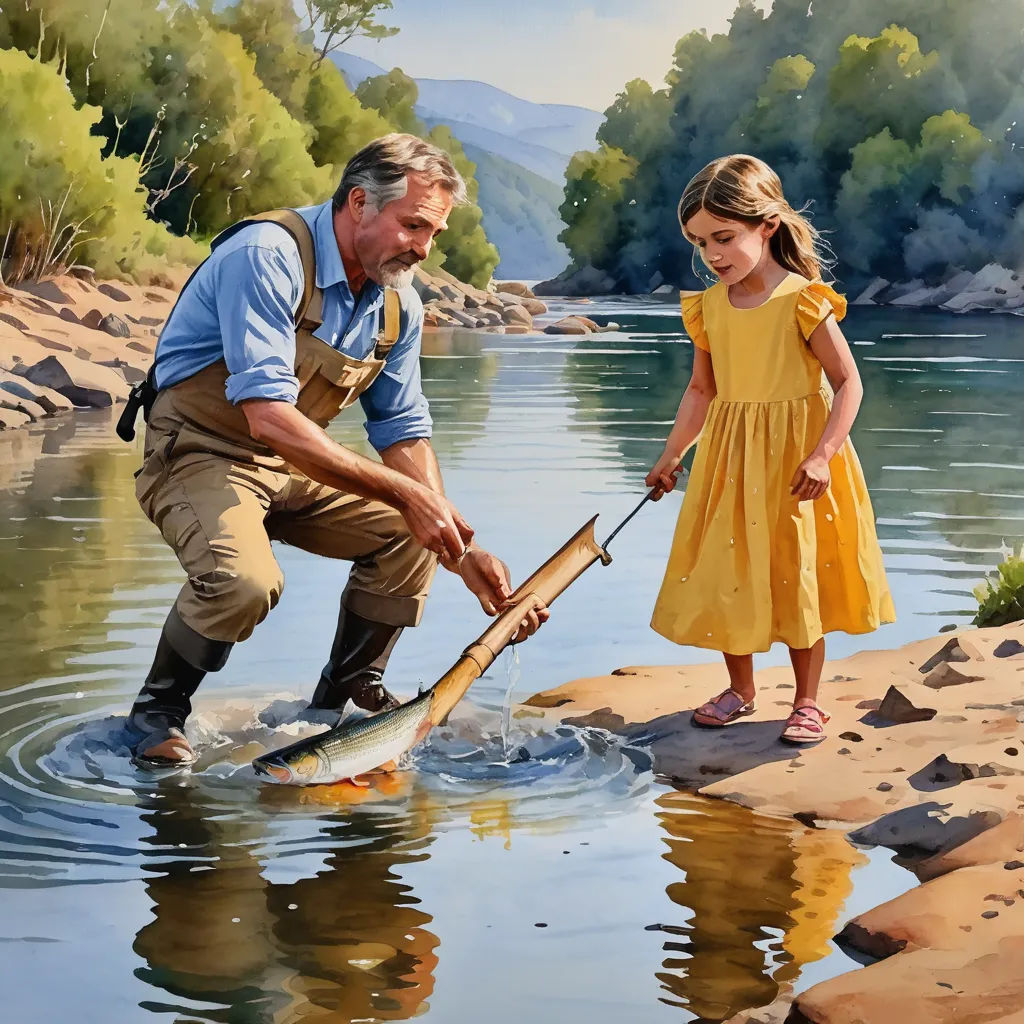 a painting of a man and a little girl fishing in a river with a fish in it's mouth, american scene painting, a storybook illustration, Bob Byerley, detailed painting
