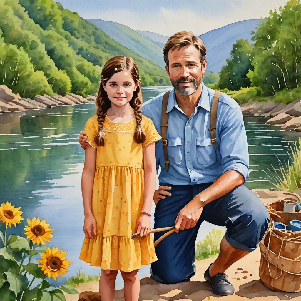 a painting of a man and a girl in front of a river and mountains with a basket of water, american scene painting, an oil painting, Bob Byerley, official art