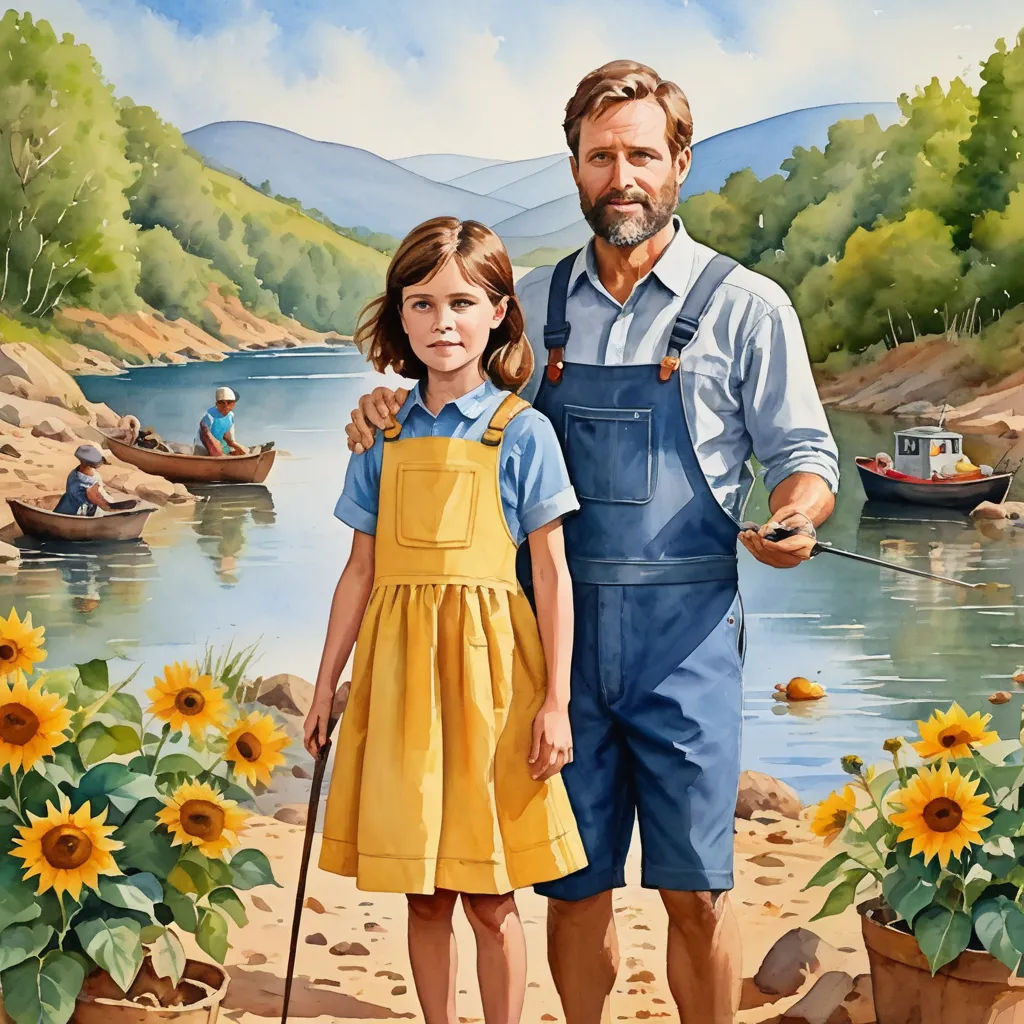 a painting of a man and a little girl standing in front of a lake with sunflowers and a boat, naive art, an ultrafine detailed painting, Bob Byerley, official art
