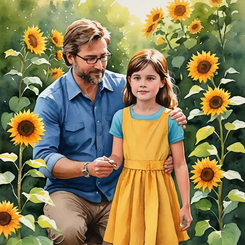 a man and a little girl standing in a field of sunflowers with a blue shirt on and a blue shirt on, american scene painting, a storybook illustration, Bob Byerley, official art