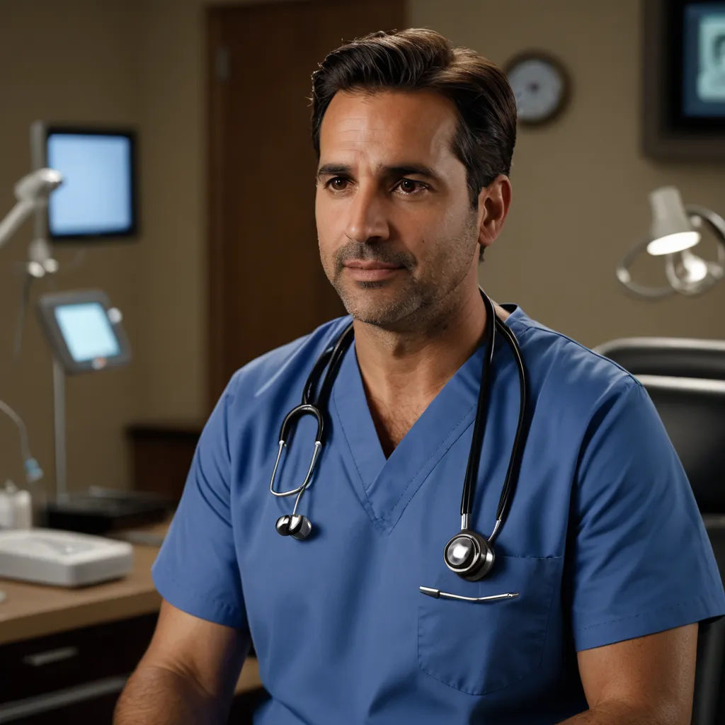 a man in a blue scrub suit sitting in a room with a computer and a monitor on the wall, dau-al-set, a character portrait, Adam Dario Keel, promotional image