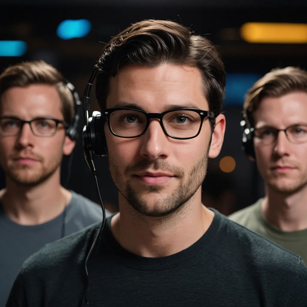 a man wearing headphones and a pair of glasses looks at the camera while two other men stand behind him, arbeitsrat für kunst, a stock photo, Adam Pijnacker, promotional image