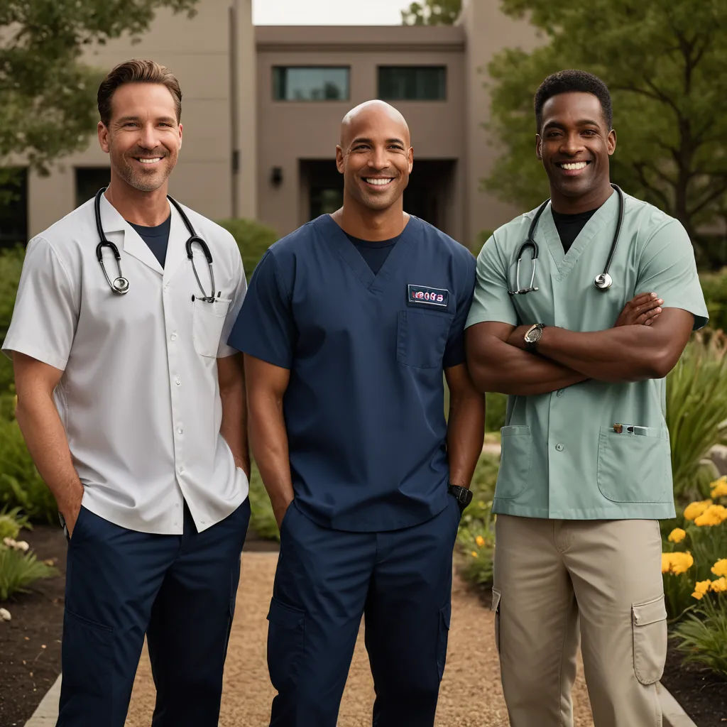 three men in scrubs standing in front of a building with a stethoscope on their chest, neoplasticism, a stock photo, Dr. Atl, promotional image