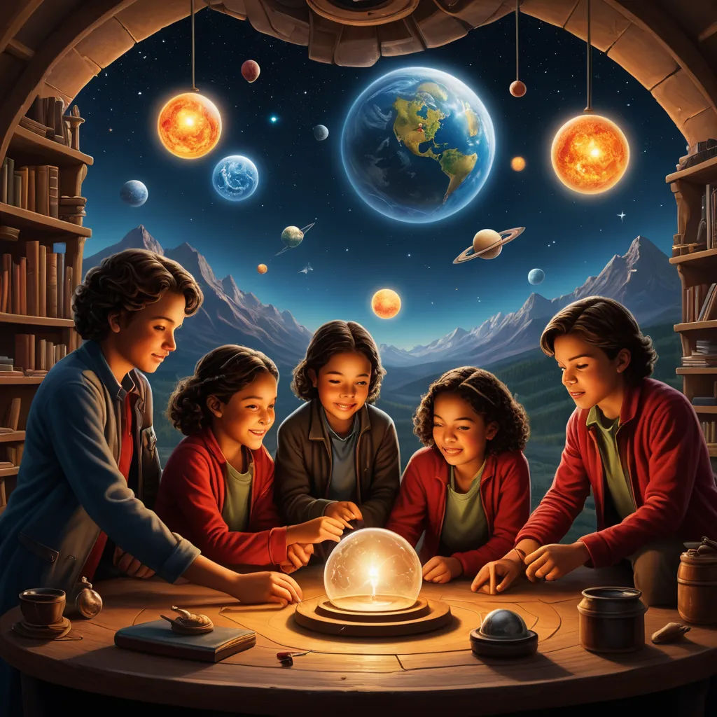 a group of people around a table with a crystal ball on it and a planet in the background with a sky full of stars, fantasy art, a storybook illustration, Aaron Jasinski, highly detailed digital painting