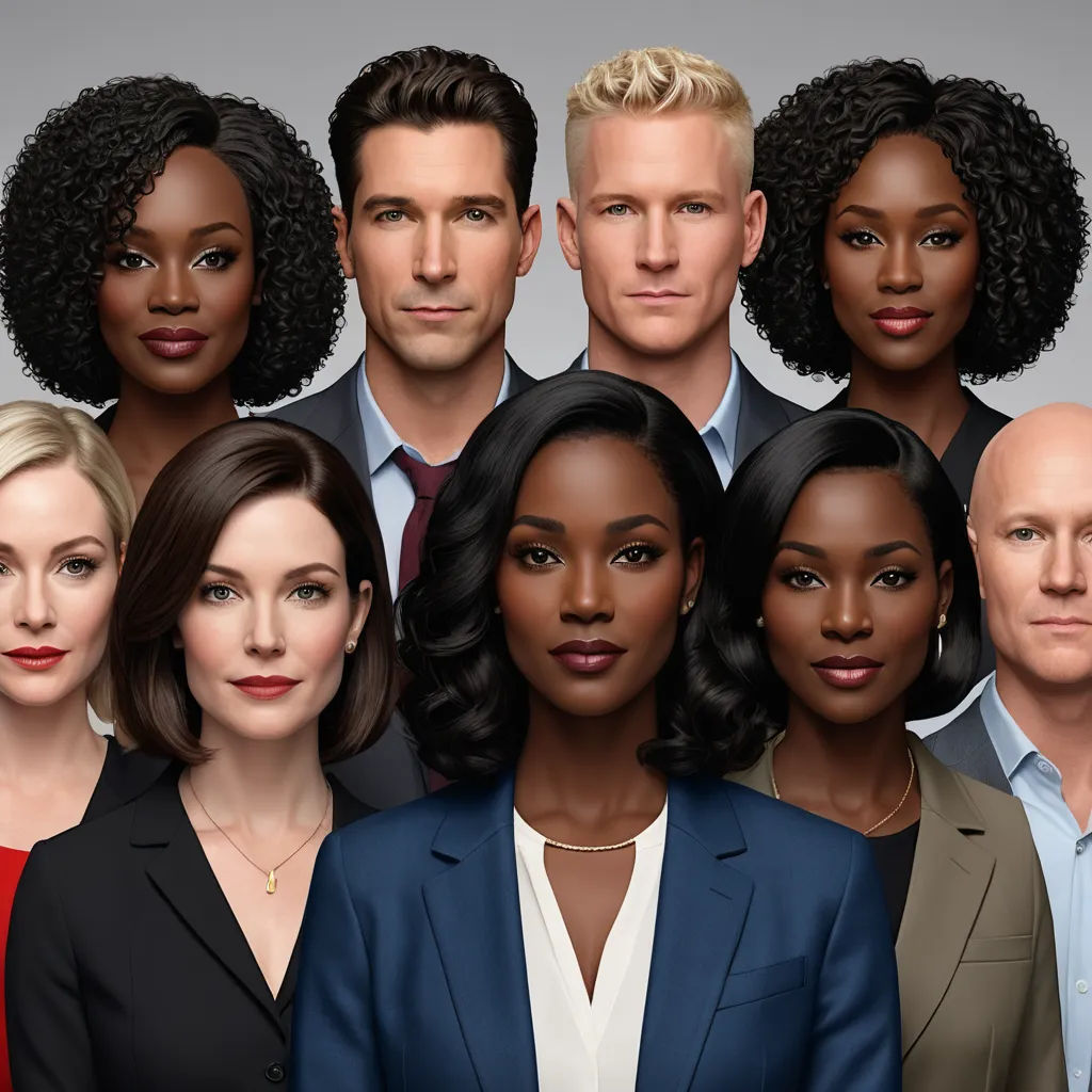a group of people standing next to each other in front of a gray background with a woman in a red dress, figurativism, a digital rendering, F Scott Hess, promotional image