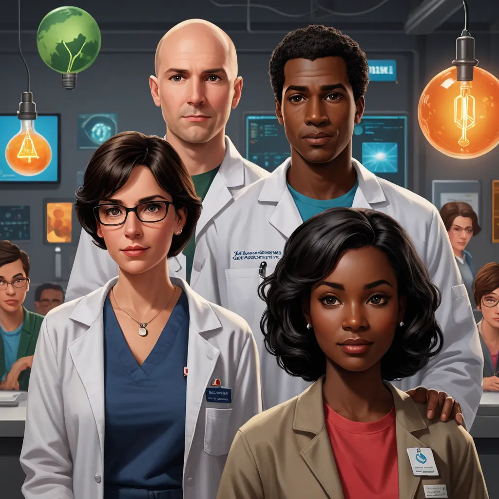 a group of doctors standing in a room with a woman in the center of the room and a man in the background, sots art, a character portrait, Doc Hammer, key art