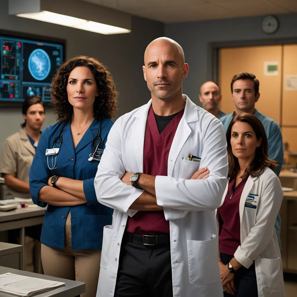 a group of doctors standing in a room with their arms crossed and looking at the camera with a doctor in the background, neoplasticism, a poster, Dr. Atl, promotional image