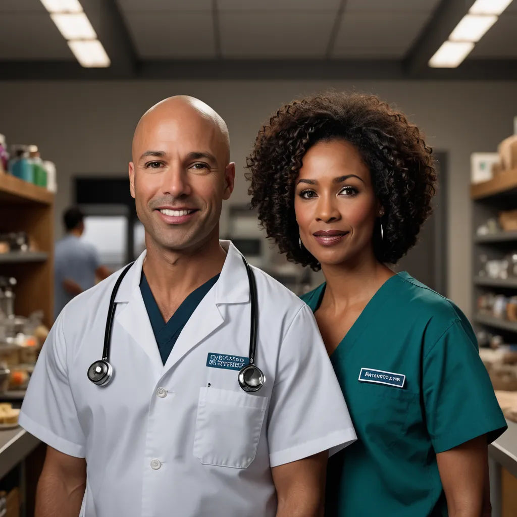 a man and woman in scrubs standing in a pharmacy room with shelves of medical supplies behind them and a man in a green scrubs, neoplasticism, a stock photo, Dr. Atl, promotional image