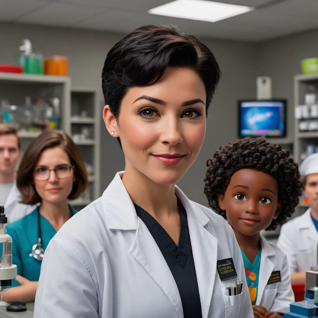 a woman in a lab coat standing next to a group of people in lab coats and lab coats in a laboratory, american realism, a stock photo, Ada Gladys Killins, promotional image