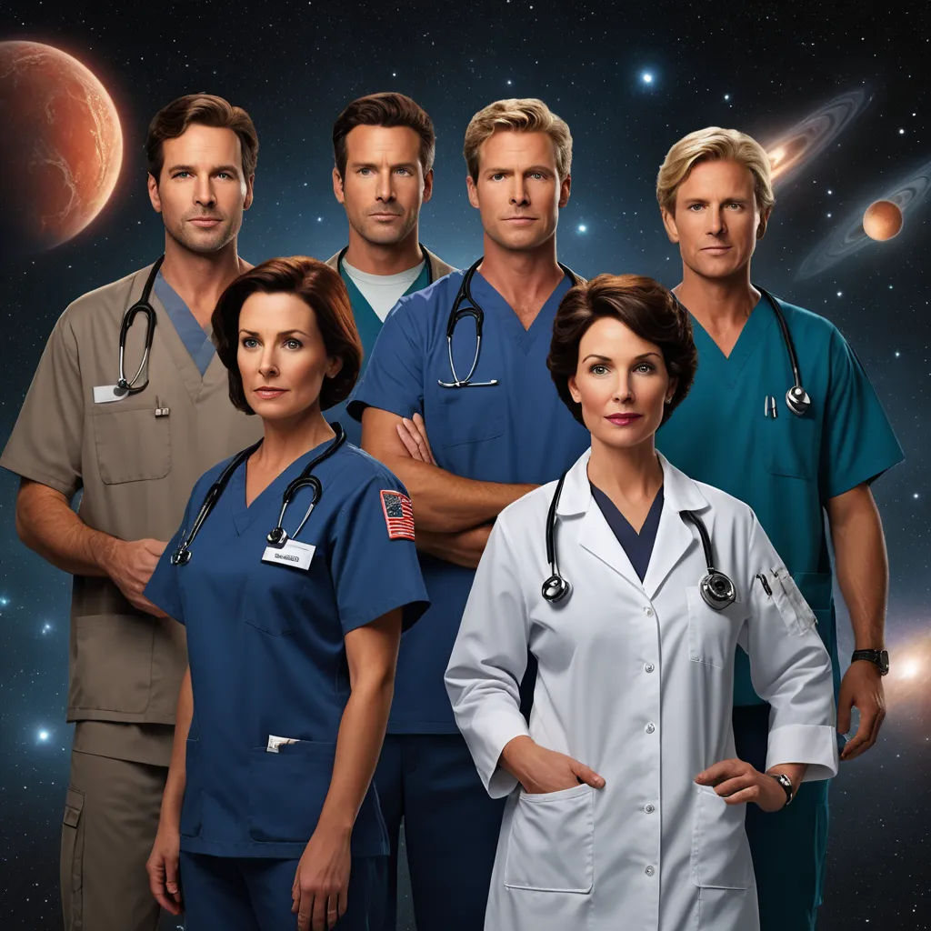 a group of doctors standing in front of a planet with stars and planets in the background, with a man in a white coat and a blue shirt, space art, a poster, Erlund Hudson, promotional image