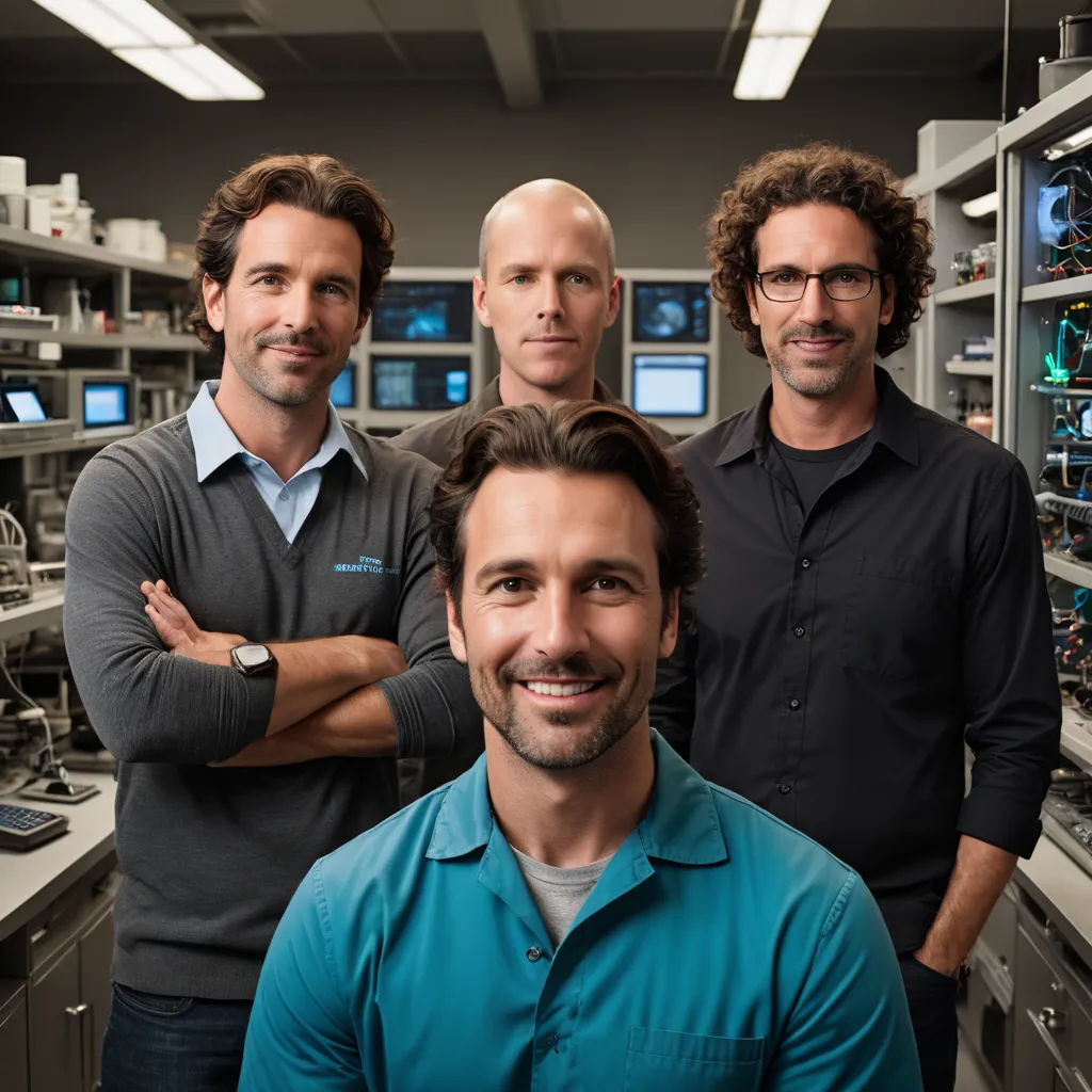 three men in a lab with a computer monitor in the background and a man in a blue shirt standing in front of them, les automatistes, a stock photo, Enguerrand Quarton, promotional image