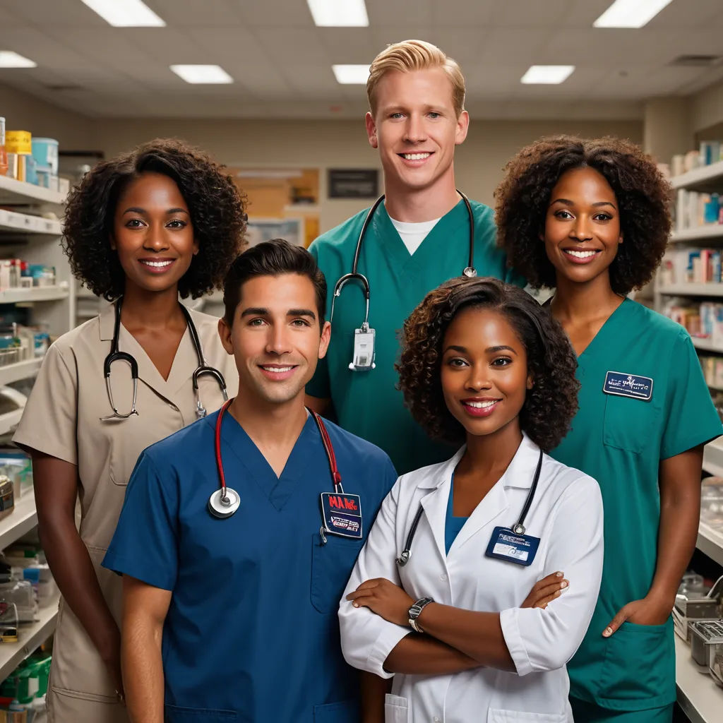 a group of medical personnel standing in a pharmacy room together for a picture together with a male and female, incoherents, a stock photo, Christian Hilfgott Brand, promotional image