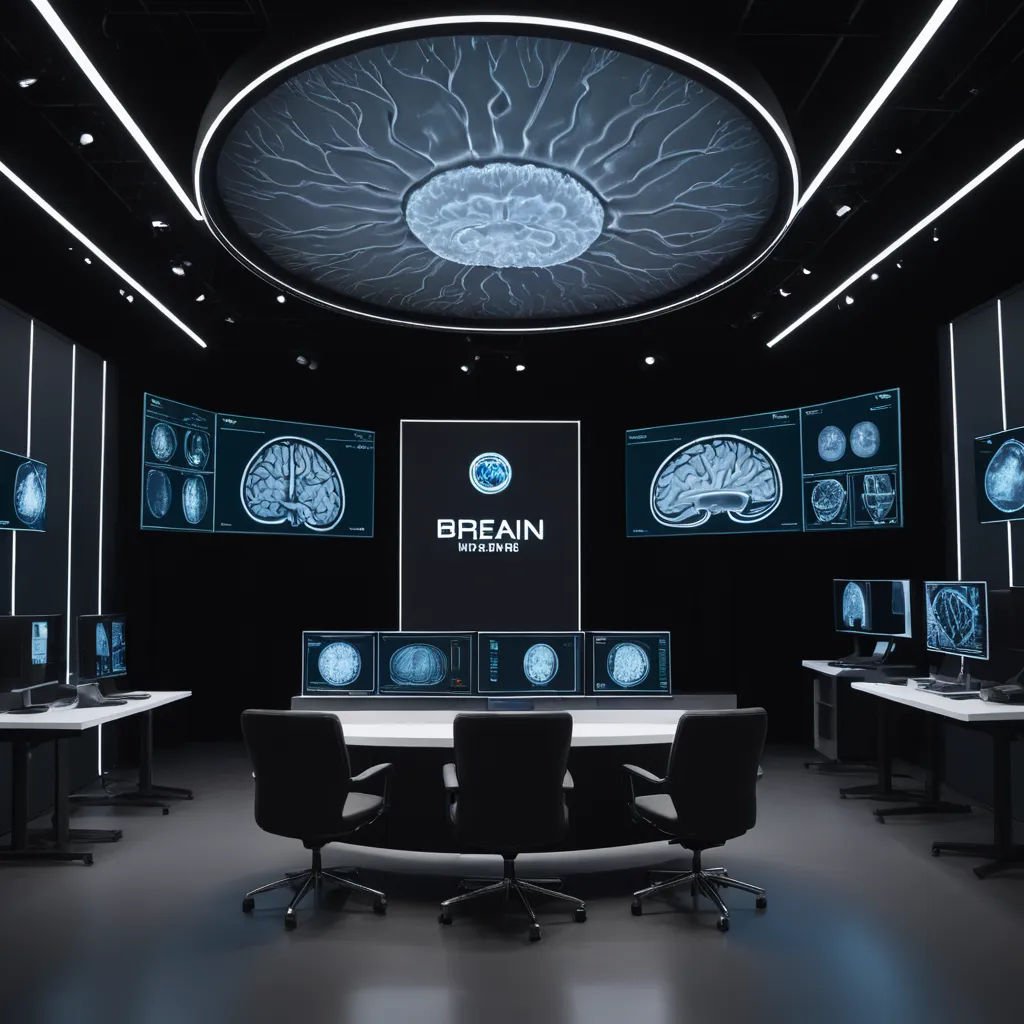 a room with a bunch of monitors and a big screen with a brain on it's wall and a ceiling, nuclear art, a computer rendering, Brian Fies, unreal engine render