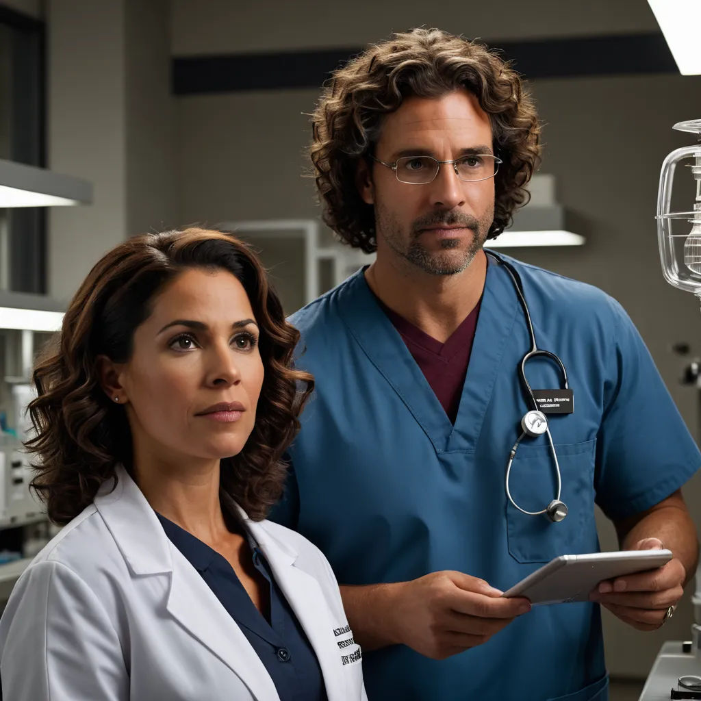 a man and woman in scrubs standing in a hospital room with a tablet computer in hand and a medical device in the other hand, incoherents, a computer rendering, Araceli Gilbert, promotional image