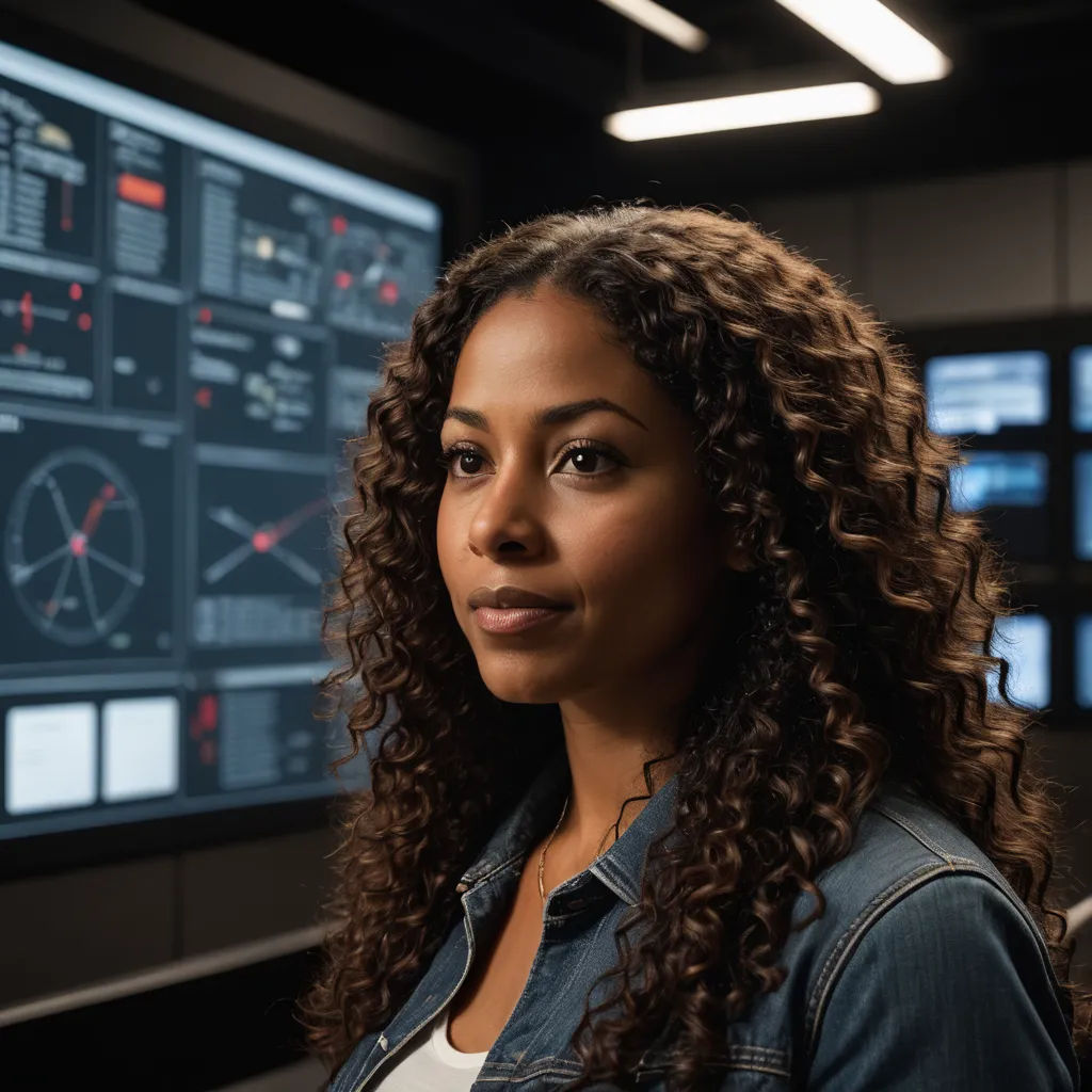 a woman with curly hair standing in front of a computer screen with graphs on it and a clock in the background, les automatistes, a character portrait, Alexis Simon Belle, promotional image