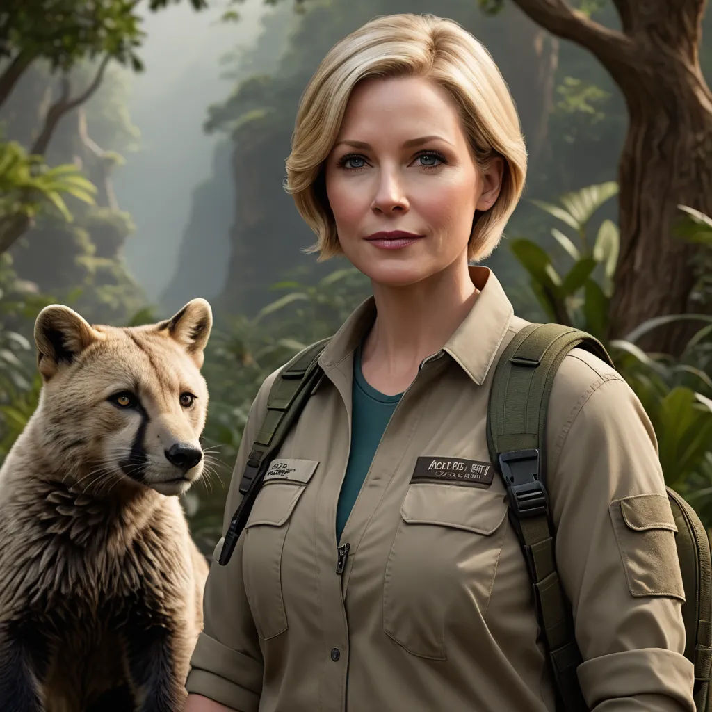a woman in a safari uniform standing next to a brown bear in a forest with trees and bushes behind her, furry art, a character portrait, Elisabeth Collins, promotional image
