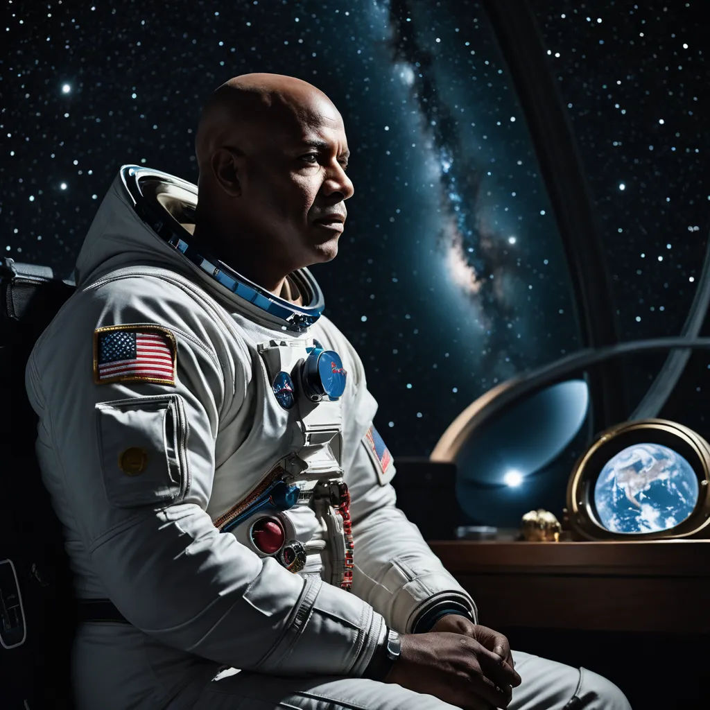 a man in a space suit sitting in a chair looking out a window at the stars and the earth, afrofuturism, a poster, Chris LaBrooy, promotional image